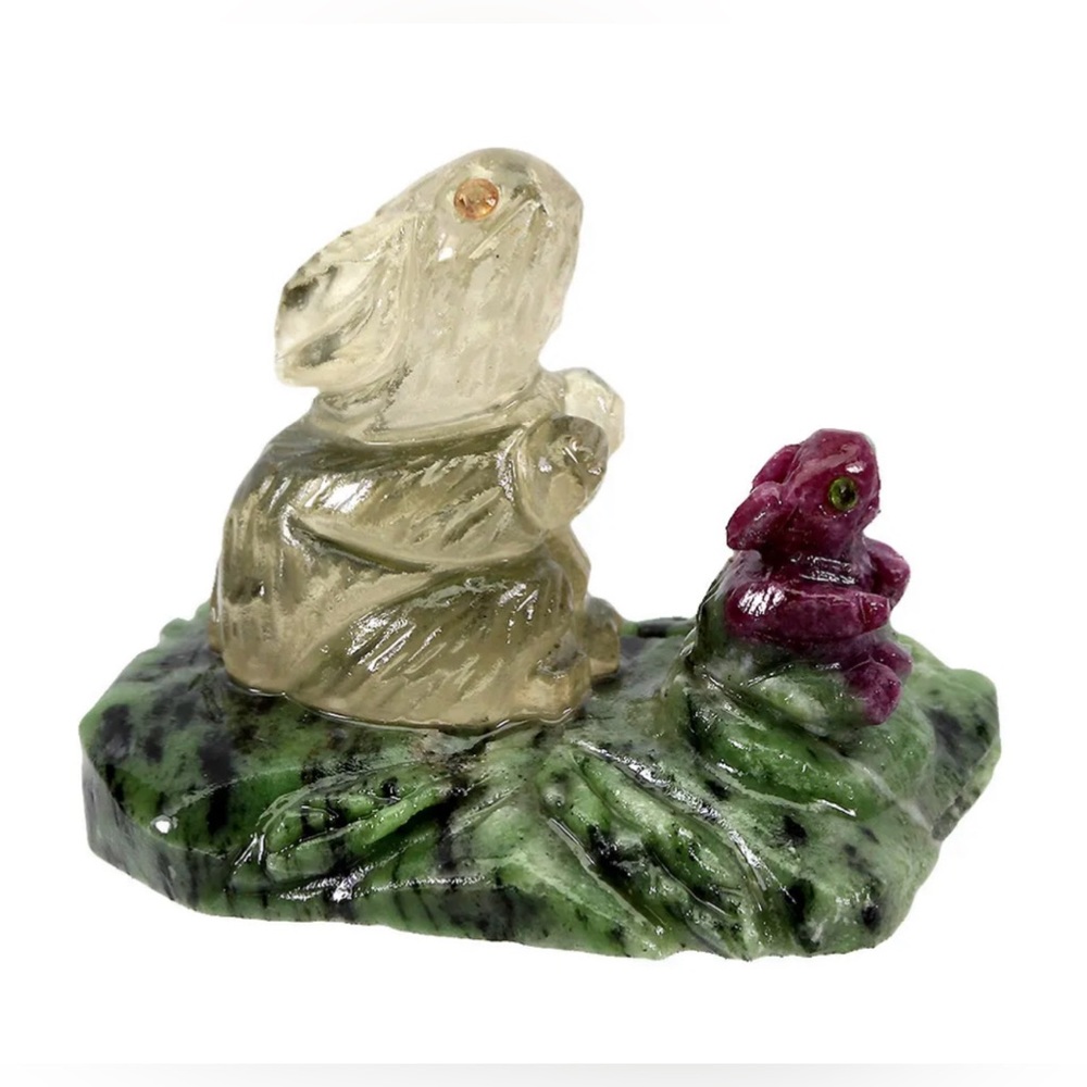Handmade Rare 95.4ct Mama Baby Rabbit Carving Natural Lemon Quartz Ruby Zoisite